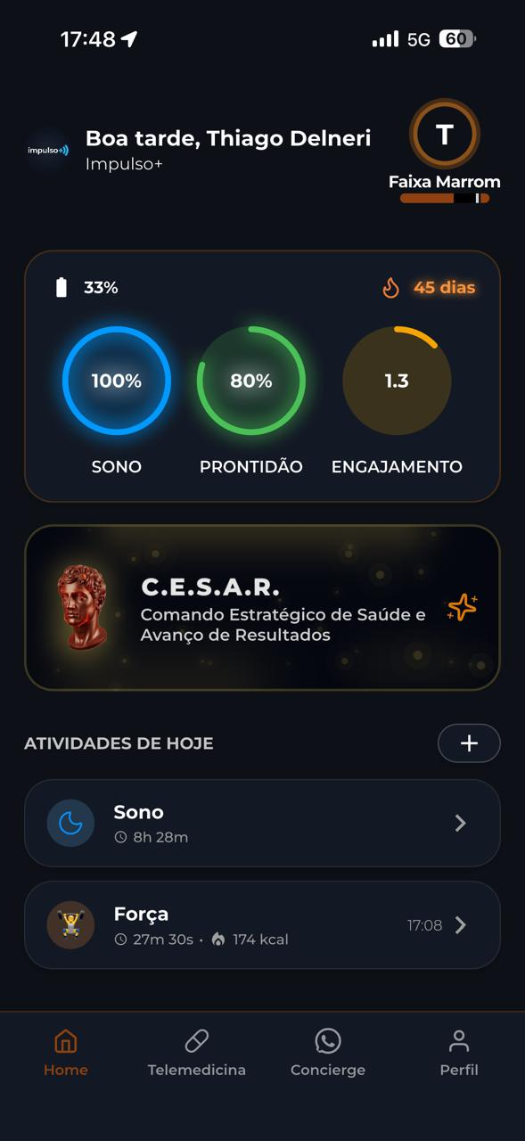 Tela inicial do app Impulso+ com score de sono, prontidão, engajamento e a Faixa Marrom do paciente